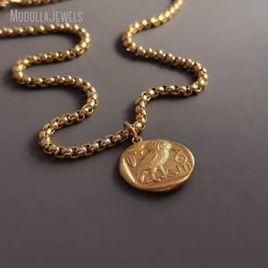 NM52329 Vintage chapado en oro Punk collar grueso moneda encanto <span class=keywords><strong>Athena</strong></span> diosa búho Reversible colgante collar para hombres y mujeres - Product Image 2