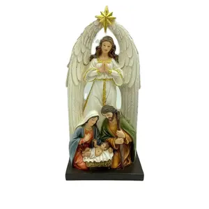 Resina statua religiosa mangiatoia gruppo decorazione pezzo presepe angelo regalo di natale artefatto in resina