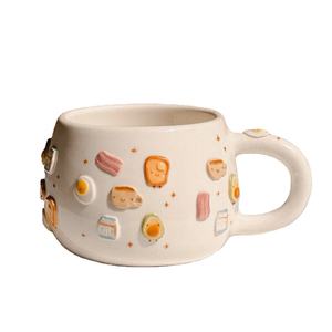 Linda Taza de cerámica para el desayuno con tostadas, huevo, tocino, calcomanías, café, leche, jugo, taza para el hogar, oficina, chico - Product Image 1