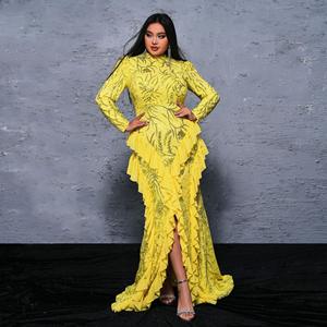 Mujeres populares Ropa de fiesta <span class=keywords><strong>O</strong></span> Escote Mangas largas Lentejuelas Negro Amarillo Vestidos de noche de gran tamañ<span class=keywords><strong>o</strong></span> con abertura - Product Image 3
