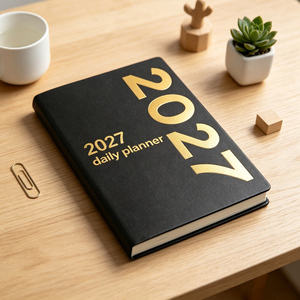Agenda Diaria Personalizada 2027, Tapa Dura de Cuero PU, Estampado en Dorado, Tamaño A5, Cosido con Hilo, 100 Hojas Impresas, Ecológico - Product Image 1