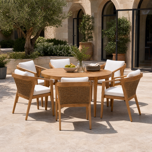 Set da Pranzo Rotondo in Teak Nordico per Esterni, Tavolo e Sedie Resistenti alle Intemperie per Giardino, Villa, Hotel e Area Pranzo all'Aperto - Product Image 1