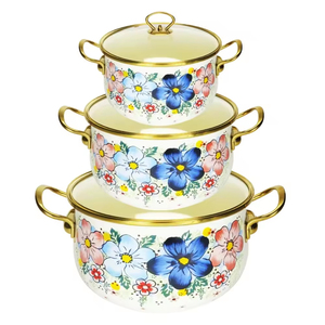 Ensemble de casseroles en émail à motif floral moderne, 18, 22, <span class=keywords><strong>26</strong></span> <span class=keywords><strong>cm</strong></span>, avec couvercle et doubles poignées, <span class=keywords><strong>faitout</strong></span> à mijoter, batterie de cuisine en émail floral - Product Image 1