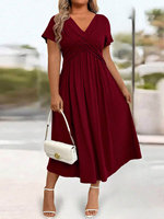 Nouvelle robe décontractée mi-longue pour femme, à manches courtes, avec poches, col en V croisé, couleur unie, style simple, pour l'été