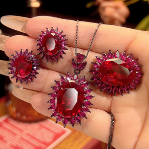 Ensemble de bijoux vintage en cuivre plaqué or noir, 9 pièces, avec rubis simulés, zircone ovale 15*20mm, boucles d'oreilles et colliers pour femmes - Product Image 1