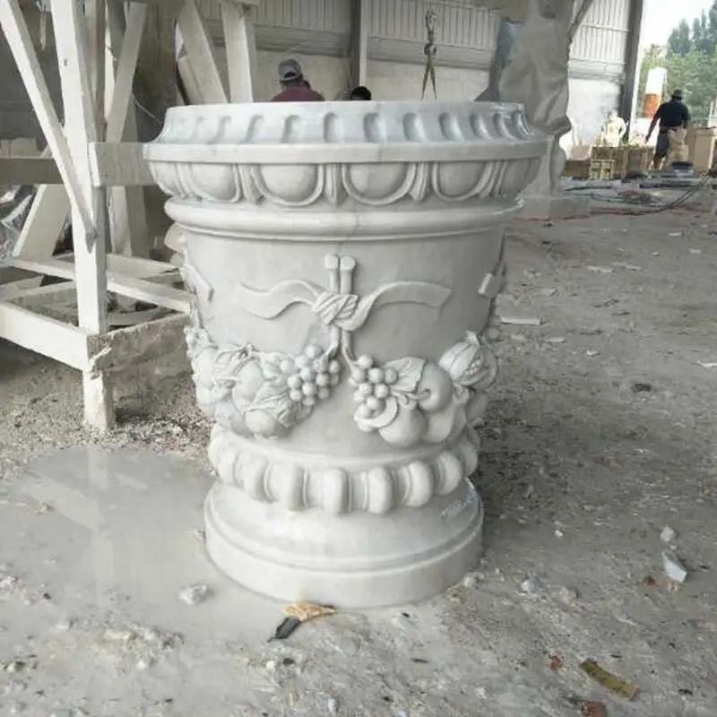 Customized Outdoor Park Decoration Art Large Natural Stone Vase Hand Carved White Marble Flowerpot