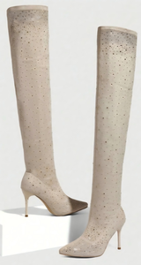 Bottes sexy beiges au-dessus du genou, bottes scintillantes à strass, bottes hautes à bout pointu, talons aiguilles, chaussures de soirée et de mariage pour femmes - Product Image 3