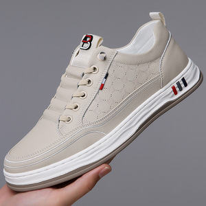 Men's White <b>Sneakers</b> <b>Leather</b> Low Heel Breathable Office Casual Shoes - Product Image 1