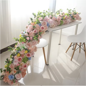 2M de chemin de table de mariage personnalisé en soie artificielle, toucher réel, avec rangée de fleurs blanches et roses pour mariage - Product Image 5