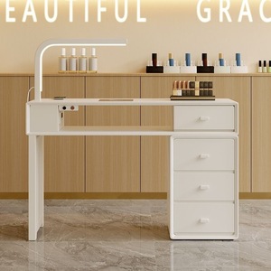 Modern White Nail <b>Table</b> Salon Workstation Double Station Beauty Desk With Drawers LED <b>Lamp</b> for Manicure Studio - Product Image 2