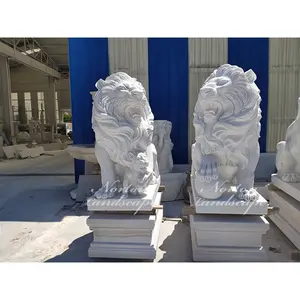 Modern açık hava bahçe dekorasyonu el-oyma beyaz mermer aslan heykelleri için yaşam boyutu taş granit aslan heykelleri satış