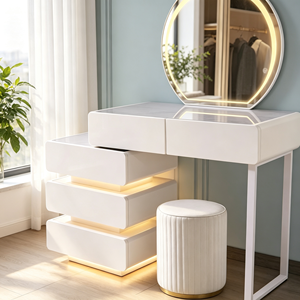 Modern Minimalist Makeup <b>Vanity</b> With Lighted Round <b>Mirror</b> And Storage Drawers Bedroom <b>Dressing</b> <b>Table</b> With Stool - Product Image 2
