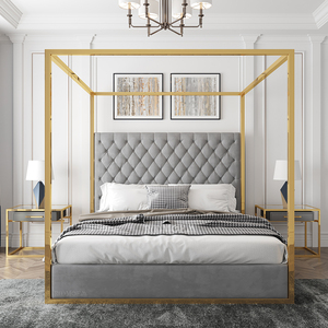 Sang Trọng Hiện Đại Nhung Xám Sliver Vàng Thép Không Gỉ Nút Chần Khung Giường - Product Image 6