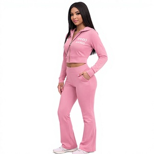 Conjunto de Sudadera Corta con Cremallera y Pantalones Acampanados de Cintura Alta Rosa para Mujer con Logotipo Personalizado - Chándal de Dos Piezas - Product Image 2