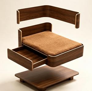 3 Pcs Wooden Elevated Pet Bed Set with Storage Drawer Raised Dog <b>Cat</b> Bed with Plush Cushion & Double Feeding Bowls Modern Pet - Product Image 1