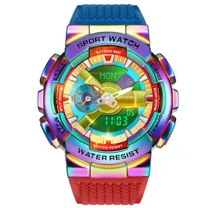 Jam Tangan Digital Analog Pita Silikon Tertutup Logam Pelangi