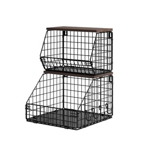 Cestello portaoggetti <span class=keywords><strong>da</strong></span> <span class=keywords><strong>parete</strong></span> moderno in ferro e legno, in acciaio al carbonio, per frutta e verdura, impilabile, resistente, nero - Product Image 4