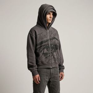 Felpa con Cappuccio Personalizzata OEM di Lusso, Grigio Antracite, Tripla Strato, Zip Frontale, per Uomo, Pesante 500GSM, Cotone, Stile Y2K Grunge Streetwear - Product Image 1