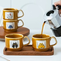 Mug en céramique vintage à glaçure effet four, motif chat de dessin animé mignon, tasse à café, thé, lait, empilable, faite à la main, cadeau sûr et disponible en stock