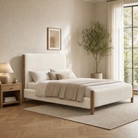 Cadre de lit rembourré en tissu bouclé de style nordique moderne avec poteaux en bois massif de noyer, lit plateforme pour chambre à coucher, taille King ou Queen
