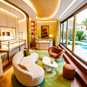 Vetrina in vetro lussuoso con cornice dorata, illuminazione LED, arco personalizzabile e resistente - Product Image 6