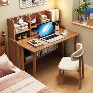 Escritorio Plegable de Madera Maciza con Estantería, Escritorio de Estudio Extensible para Dormitorio u Oficina - Product Image 1