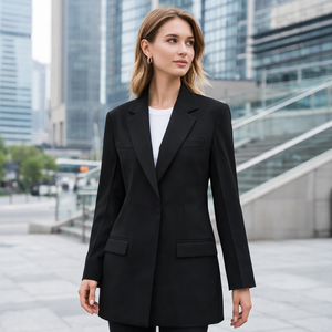 Chaqueta de Traje para <span class=keywords><strong>Mujer</strong></span>, Negra, Sólida, Tejida, de Longitud Media, con un Solo Botón, Corte Entallado, para Oficina, Manga Larga, <span class=keywords><strong>Blazer</strong></span> - Product Image 2
