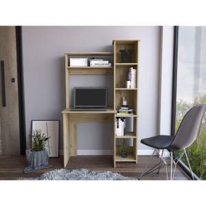 DB Light Oak 6-Shelf Writing Desk with <strong>Built</strong>-<strong>In</strong> Bookcase Wooden <strong>Computer</strong> <strong>Table</strong> Laptop <strong>Table</strong> with Drawer for Hotel Living Room Us - Product Image 4