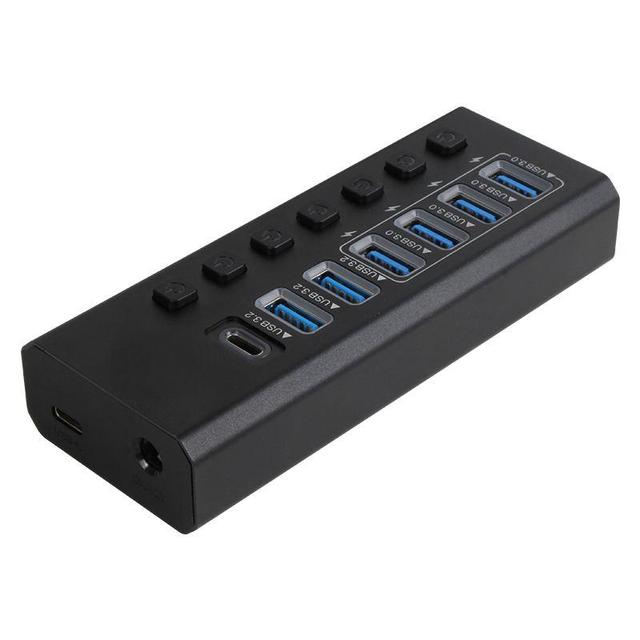 Type C USB 3.2 10Gbps Hub with Individual Switch Aluminum 7 Port Multiport Adapter with Power Supply 12V 2A 7 Ports USB3.0 HUB