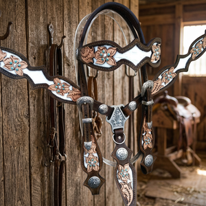 Ensemble de sellerie pour cheval en cuir véritable souple et naturel, personnalisable, léger, marron, avec incrustations blanches, style anglais, saisonnier, western - Product Image 3
