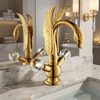Robinet de salle de bain moderne et élégant, type col de cygne, en laiton massif plaqué or, à montage sur plancher, monotrou, thermostatique