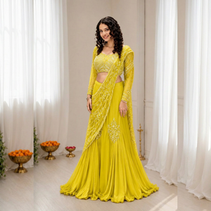 Lehenga Choli Amarillo Bordado con Lentejuelas y Malla, Dupatta, Traje Formal para Bodas y Fiestas de Mujeres Indias y Pakistaníes - Product Image 1