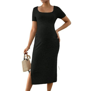 Robe de maternité style français, col carré, manches courtes, tricot côtelé, robe moulante mi-longue avec fente latérale, pour femmes enceintes, pour l'été - Product Image 2