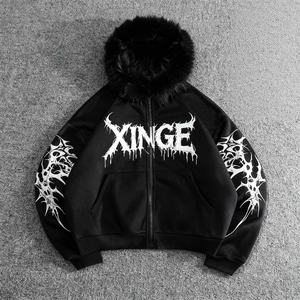 เสื้อฮู้ดดี้โอเวอร์ไซส์แบบมีปกขนสัตว์ ดีไซน์โกธิคสั่งทำพิเศษ พิมพ์ลาย DTG สไตล์สตรีทแวร์ ทรงหลวม ไหล่ตก แบบครอป ซิปหน้า สำหรับผู้ชาย - Product Image 1