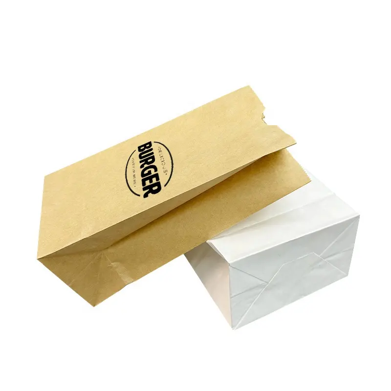 Bolsa de papel blanco Kraft con refuerzo lateral para comestibles, embalaje de almuerzo al por menor, fondo cuadrado, SOS, dulces, galletas, embalaje artesanal