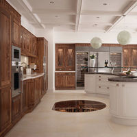 Vermonhouzz Meuble de cuisine en bois massif bicolore traditionnel sur mesure, vitrine à vin en verre à cadre en X, îlot de cuisine incurvé blanc cassé