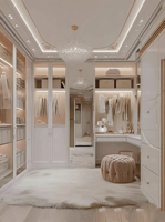 Placard en bois spacieux sur mesure avec coiffeuse intégrée, tiroirs à fermeture douce, zones de suspension intelligentes, design moderne pour une vie élégante