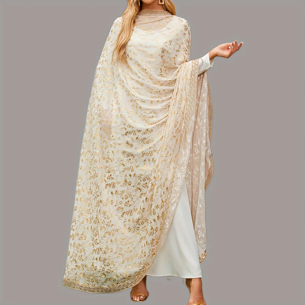 Gilded Two-piece Suit With Shawl Lace Embroidery Middle Eastern Arabic Robe Muslim Clothing