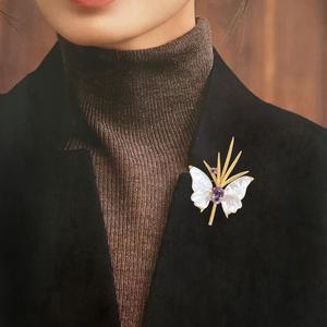 Luxury Amethyst Butterfly Brooch, Vefiery 18K Gold Plated Copper Shell Wing Lapel Pin for Wedding - Product Image 5