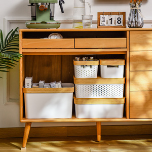 Plastic Storage Baskets With Lids Rectangle Porous Wood Grain White Handle Stackable Desktop Kitchen Bathroom Organizing Basket - Product Image 2