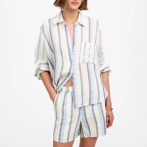 ชุดลำลองชายหาดผ้าลินินแฟชั่นใหม่สำหรับฤดูร้อน ขายส่ง เสื้อแขนยาวพร้อมกางเกงขาสั้นลายทาง ชุดเซ็ต 2 ชิ้นสำหรับผู้หญิง ระบายอากาศได้ดี - Product Image 1