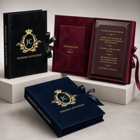 Boîtes d'invitation de mariage en velours avec monogramme et croquis de villa en feuille d'or personnalisée, carte RSVP, invitations de mariage élégantes et luxueuses
