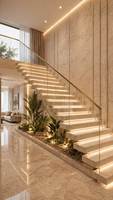 Escalier cantilever moderne sur mesure avec marches en bois et garde-corps en verre