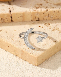 S925 Sterling Silver Delicate Moon and Star Zircon <b>Open</b> <b>Ring</b> Adjustable Stackable <b>Ring</b> for Women Daily Jewelry - Product Image 4