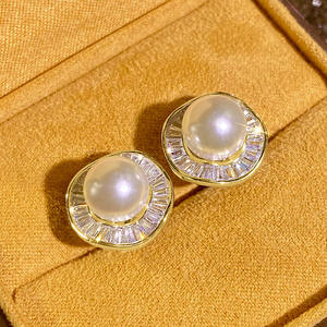 E3165 Gold Stud <b>Earrings</b> With Cultured <b>Pearl</b> Bezel Setting Classic Women's Jewelry Everyday Wear - Product Image 4