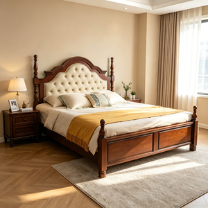 Traditional Upholstered Wooden Bed Frame Queen Size Mahogany Solid Wood Soft Bed with Tufted Headboard and Spindle Posts - Product Image 2