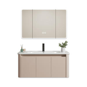 Meuble de salle de bain mural intelligent avec miroir LED anti-buée et vasque intégrée en céramique, style crème - Product Image 5