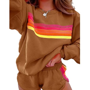 Ensemble décontracté femme : sweat-shirt et short rayé, taille élastique, coupe ample, col rond, couleur unie, tailles S-2XL, style Europe-Amérique - Product Image 4