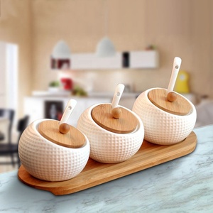Porcelain Condiment Jar <strong>Spice</strong> Container with Lids Bamboo Holder Spot Ceramic Serving Spoon Wooden <strong>Tray</strong> - Product Image 5