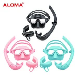 ALOMA 100% masker selam tanpa silikon, set snorkel basah tabung barel terbuka dapat dilipat dengan lampu untuk dewasa